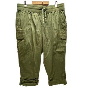 Woman Within Cargo Pants Women's 18W Olive Green Cotton Casual Roll Tab Cuff NWT